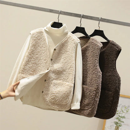 Three fleece vests in beige, brown, and black hanging on a rack.