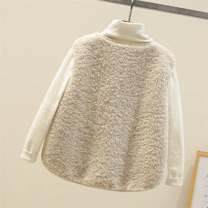 Beige fleece-lined sweater on a hanger against a plain background