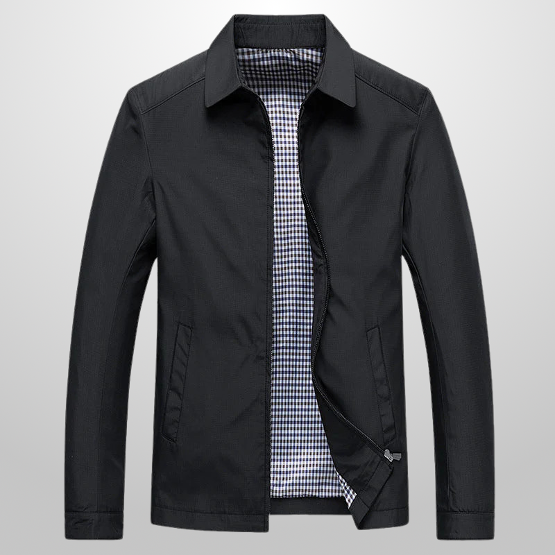 Black jacket with a checkered inner lining on a light gray background