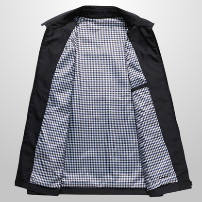 Black jacket with a checkered lining on a gray background