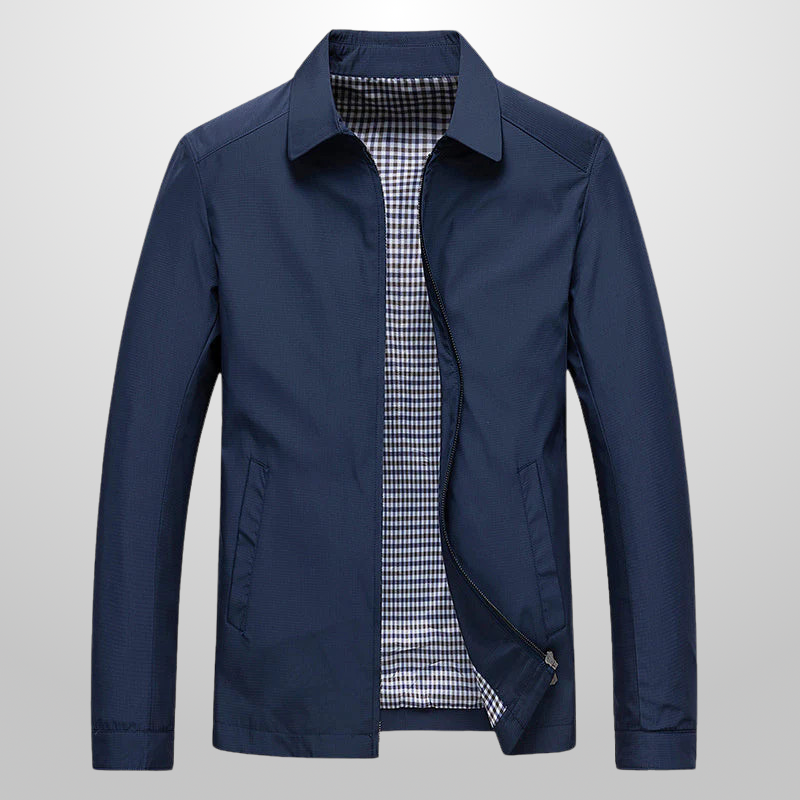 Navy blue jacket with a checkered shirt underneath on a light gray background