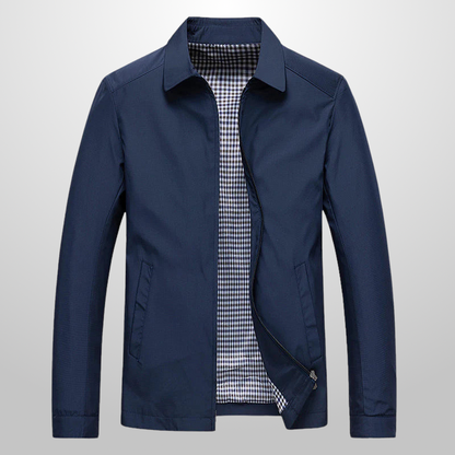 Navy blue jacket with a checkered shirt underneath on a light gray background