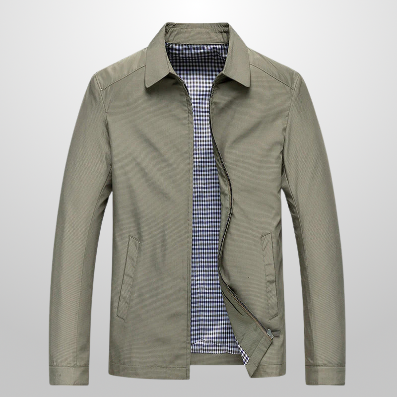 Green jacket with a checkered shirt collar on a light gray background
