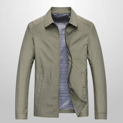 Green jacket with a checkered shirt collar on a light gray background