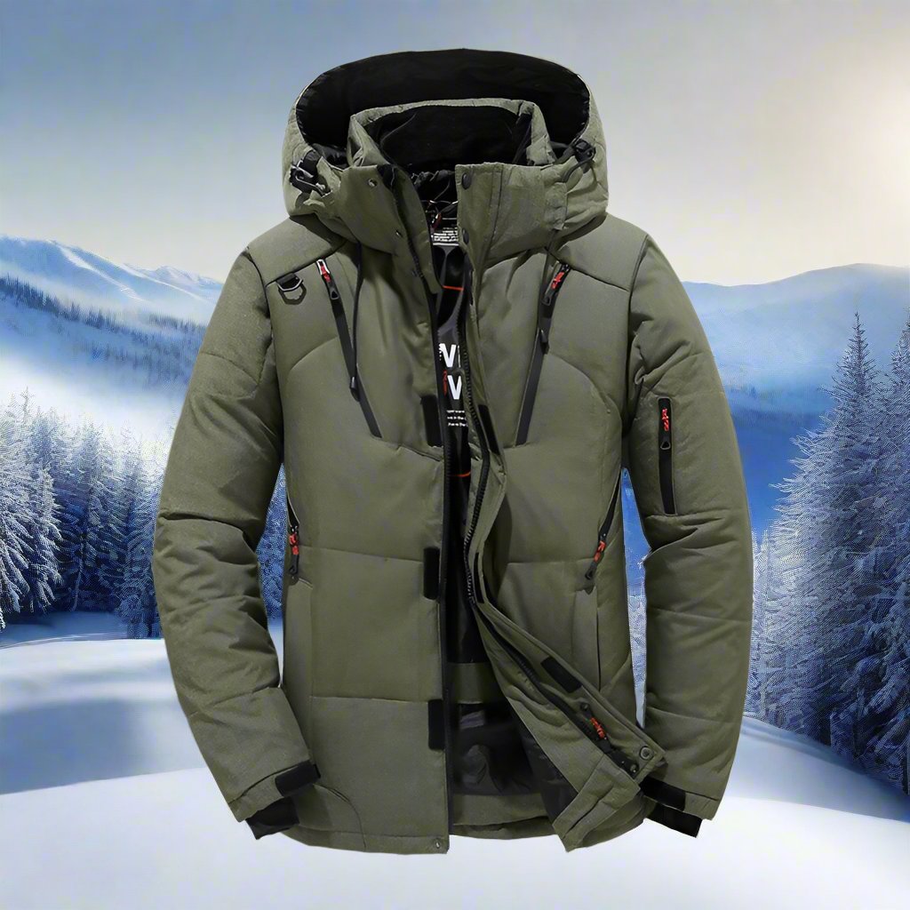 Green winter jacket with a snowy mountain background