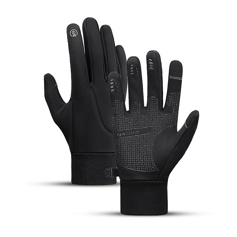 Black gloves with touchscreen tips on a white background