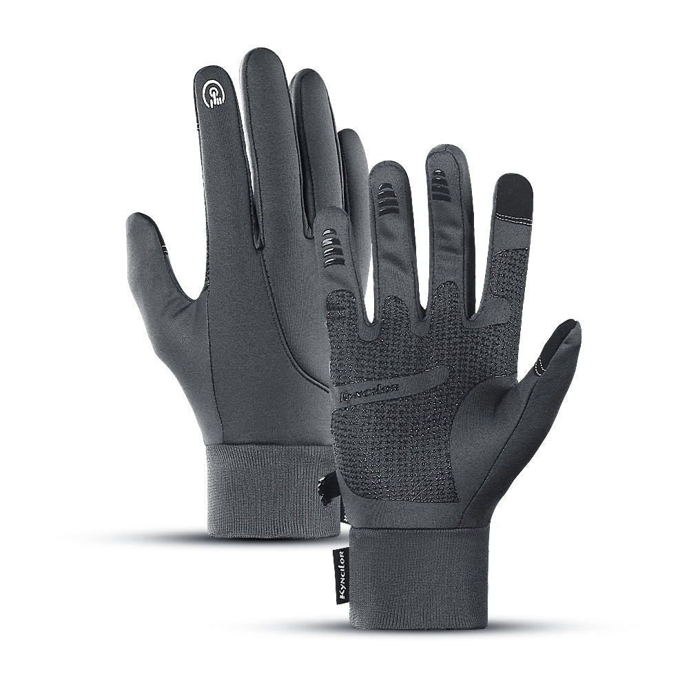 Pair of gray gloves with touch screen tips on a white background