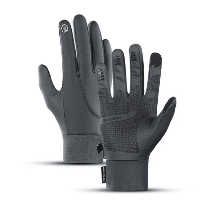 Pair of gray gloves with touch screen tips on a white background