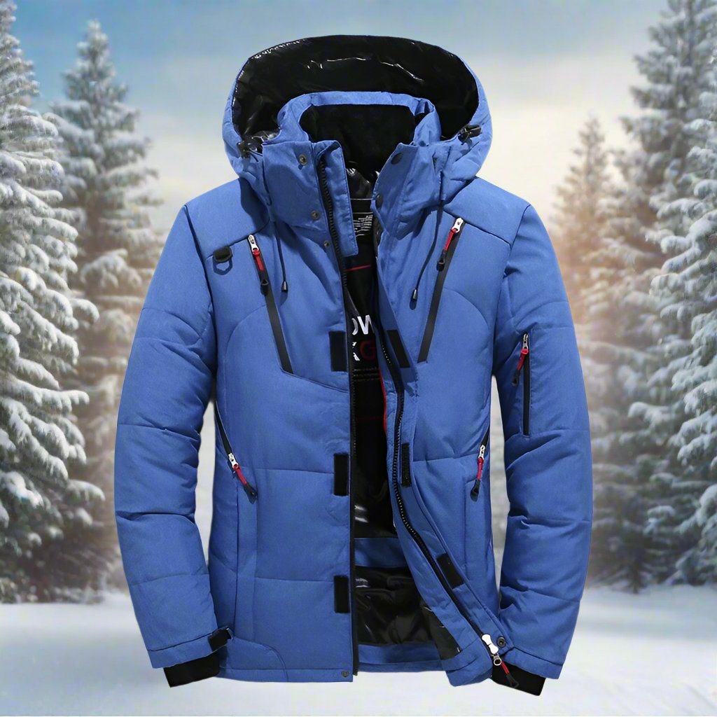 Blue winter jacket with a snowy forest background