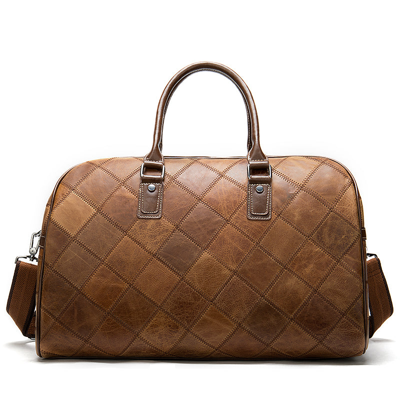 Brown quilted leather bag on a white background