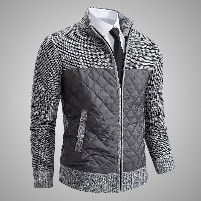 Gray quilted jacket with a textured pattern on a gray background