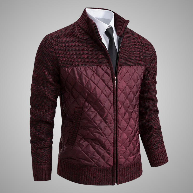 Maroon quilted jacket with a white shirt and black tie on a gray background