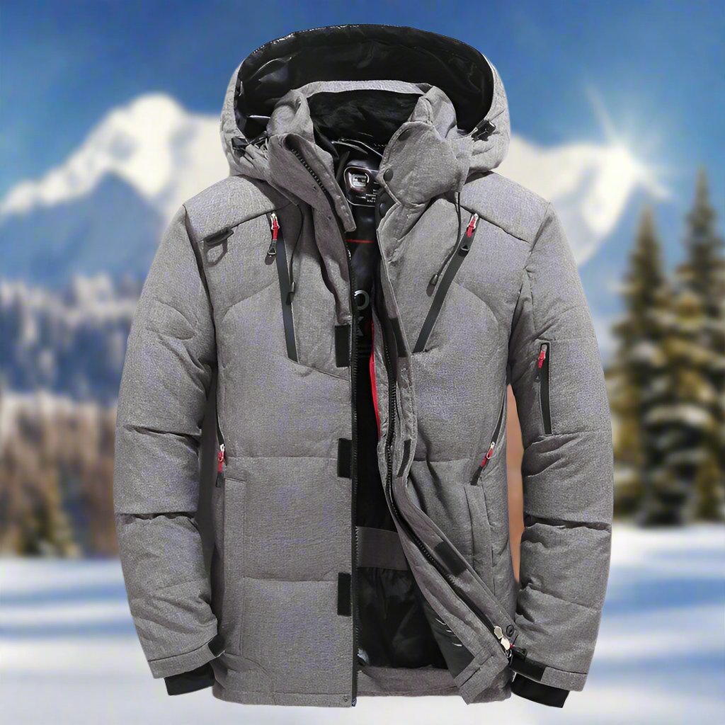 Gray winter jacket with a mountainous background