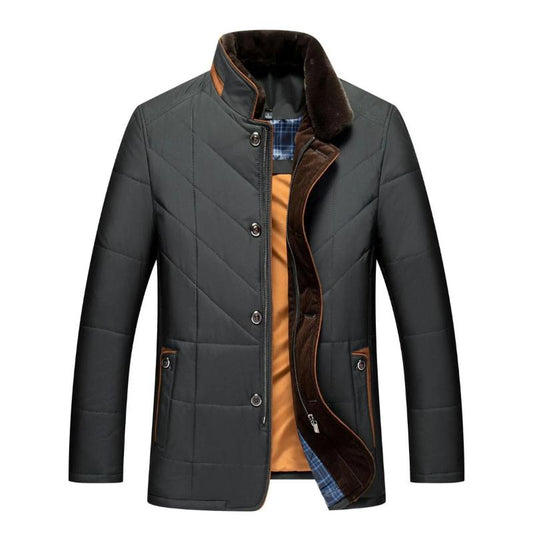 Gray quilted jacket with brown collar and plaid lining on a white background