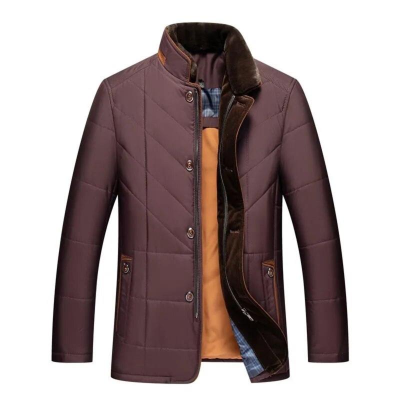 Purple quilted jacket with brown collar and buttons on a white background