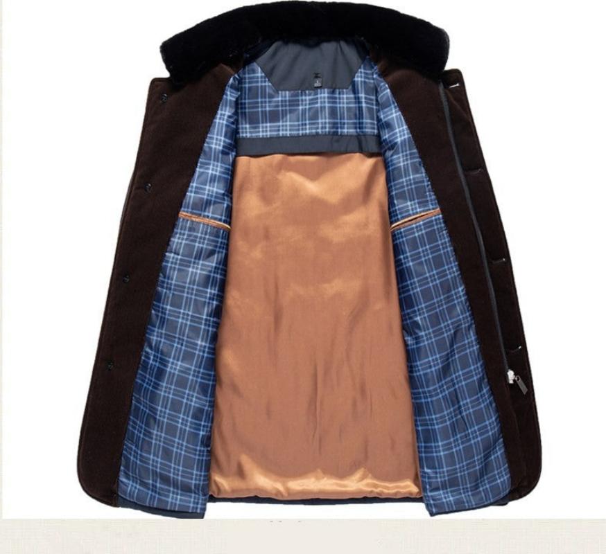 Close-up of a jacket with blue plaid interior and brown lining on a white background