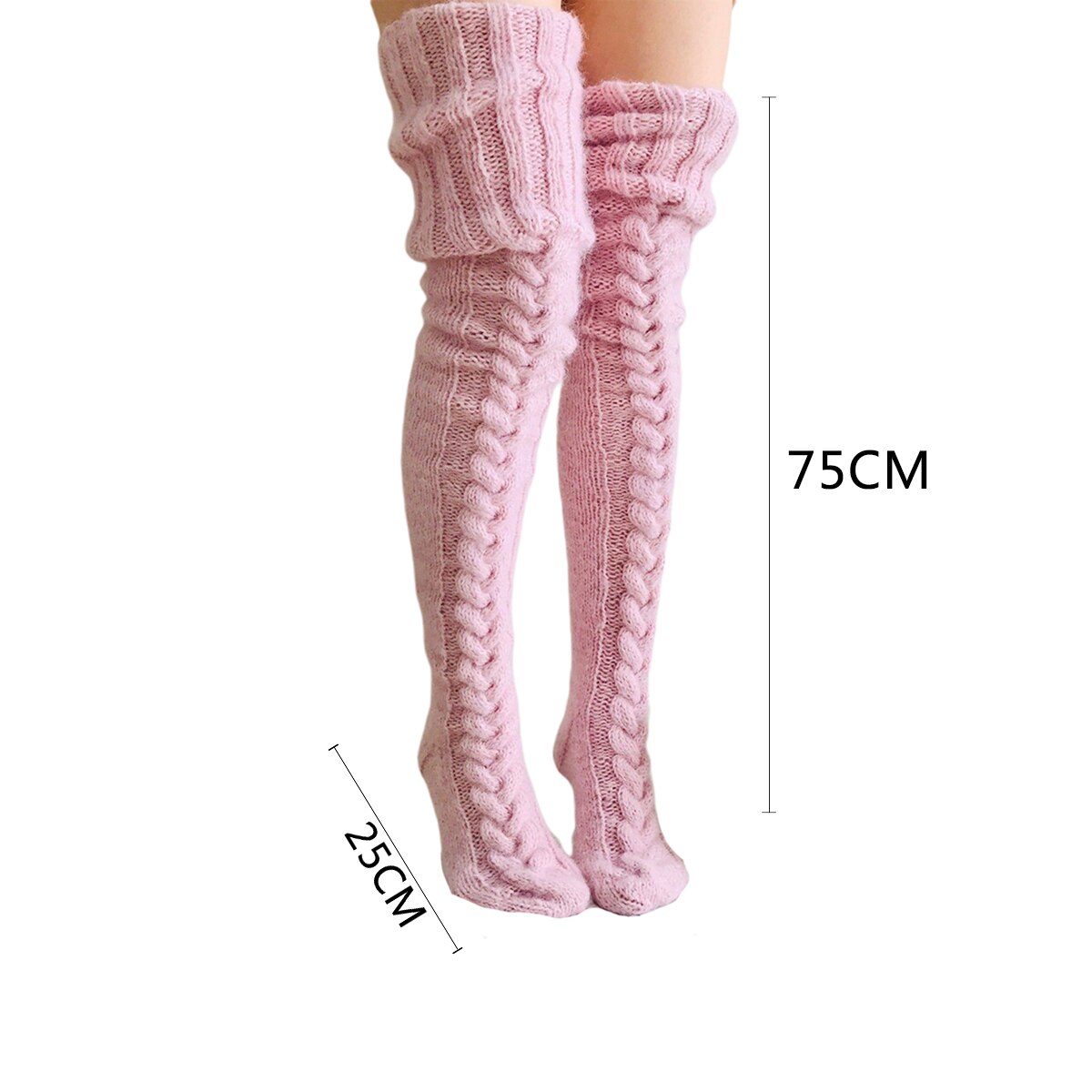 Pink knitted thigh-high socks with measurements on a white background