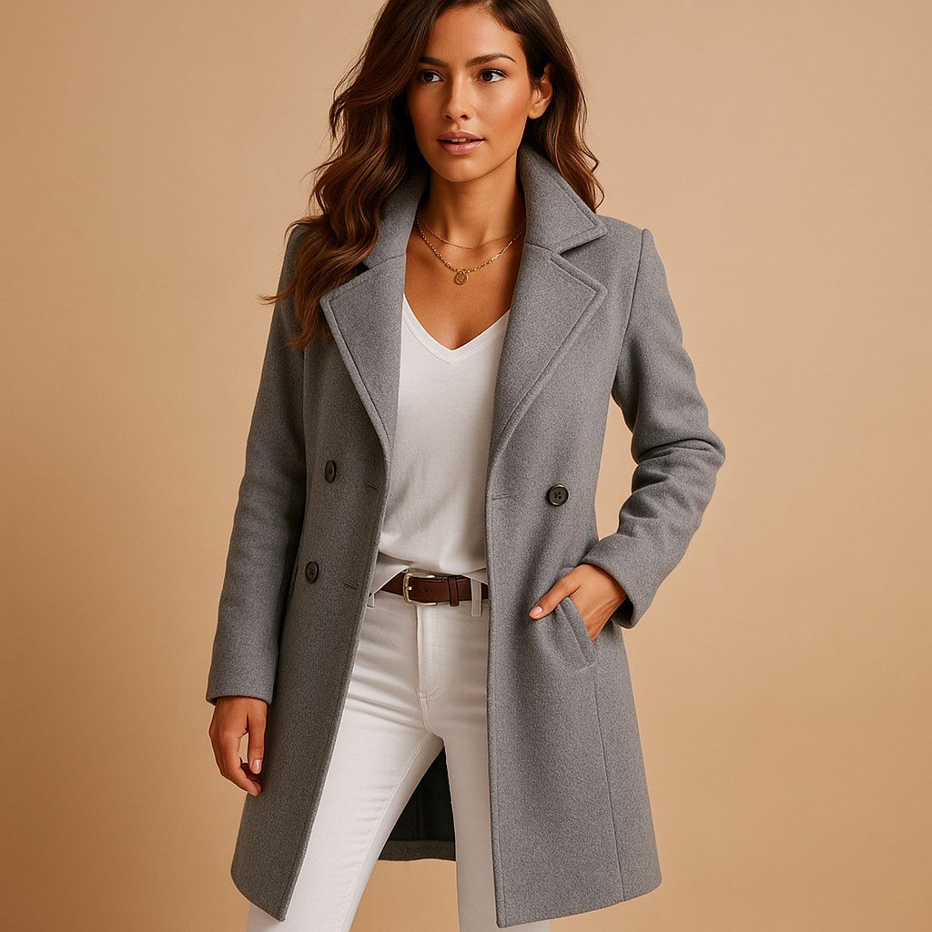 Woman wearing a gray coat over a white outfit on a beige background