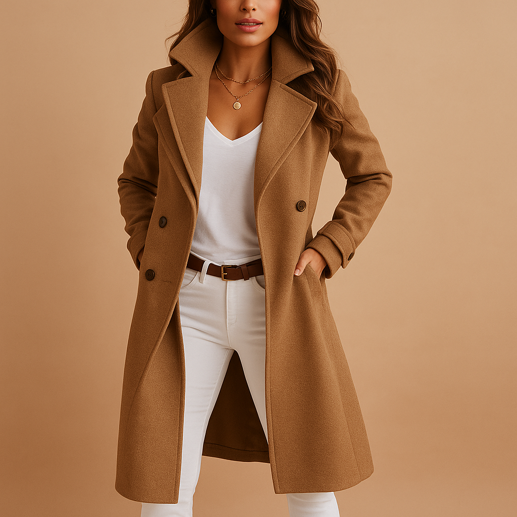 Woman wearing a brown coat over a white outfit on a beige background