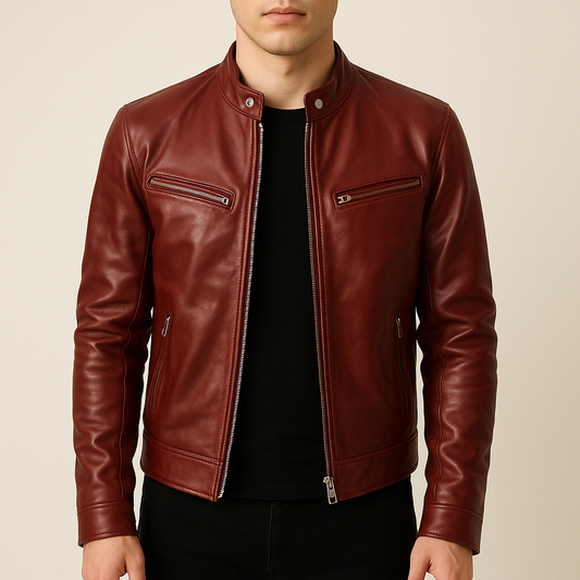 Red leather jacket worn by a person on a beige background
