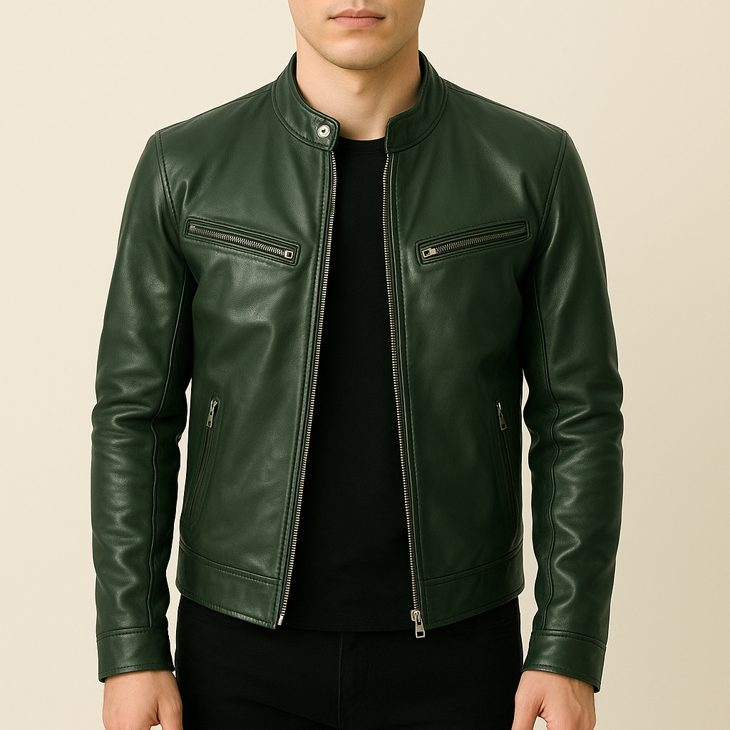 Green leather jacket worn by a person on a beige background
