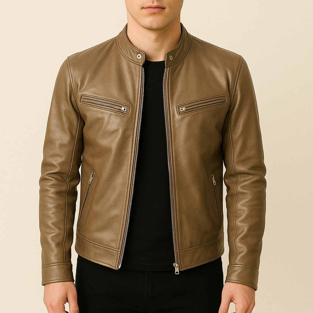 Brown leather jacket worn by a person on a beige background