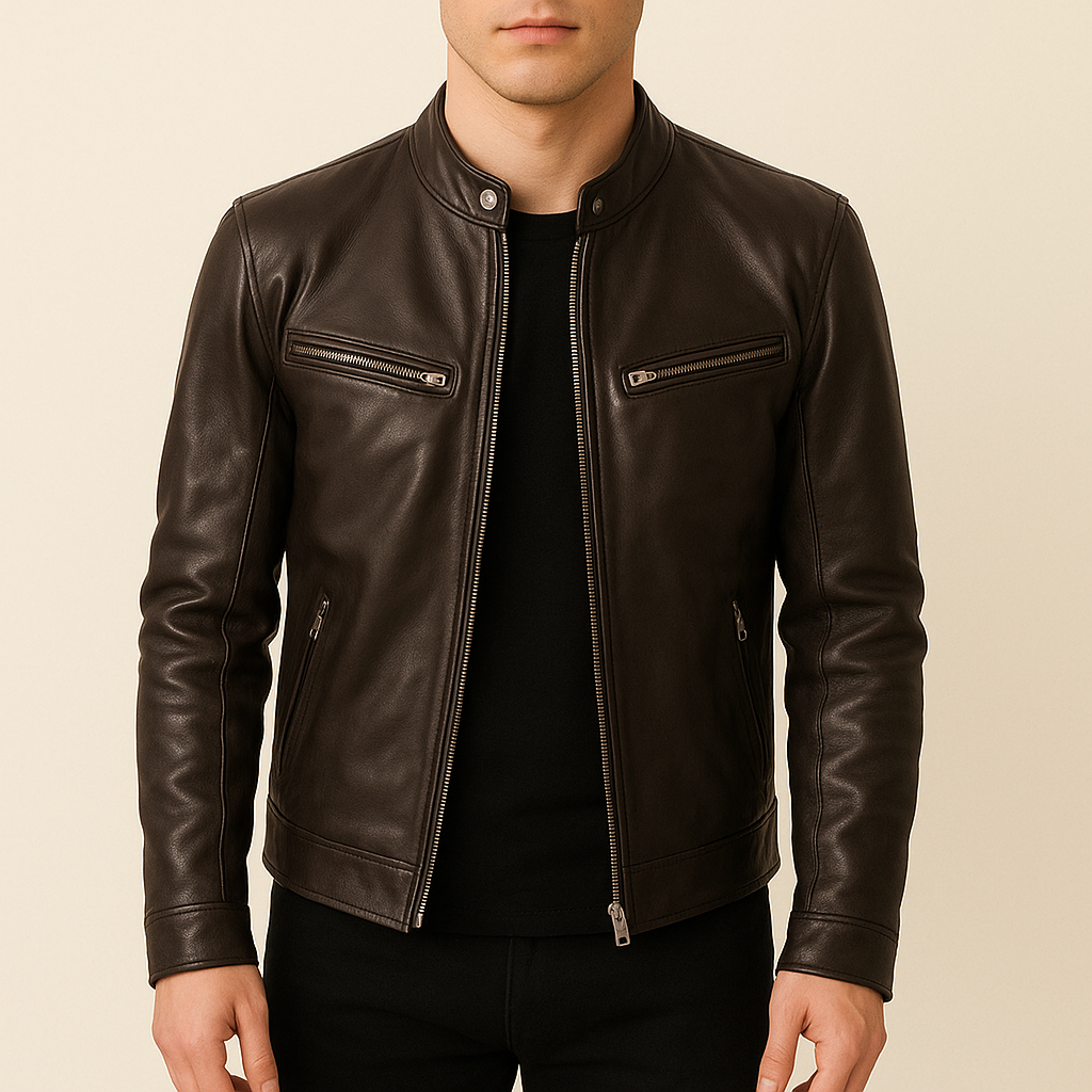 Black leather jacket worn by a person on a beige background