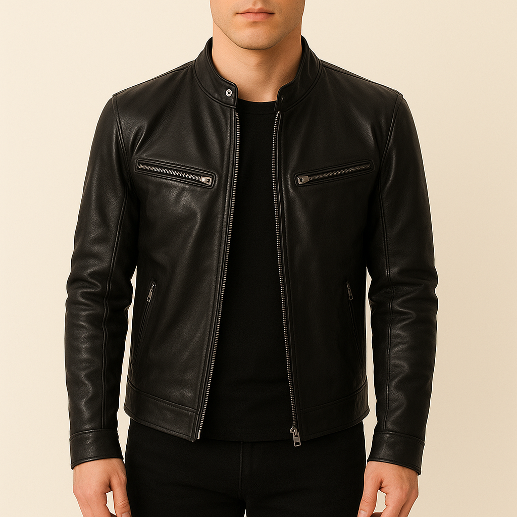 Black leather jacket worn by a person on a beige background