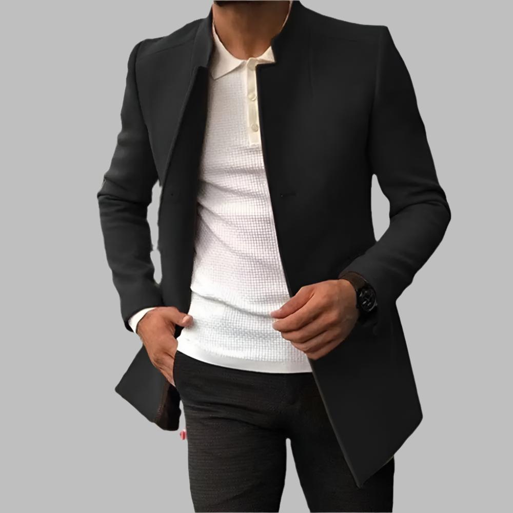 Black blazer over a white shirt on a gray background