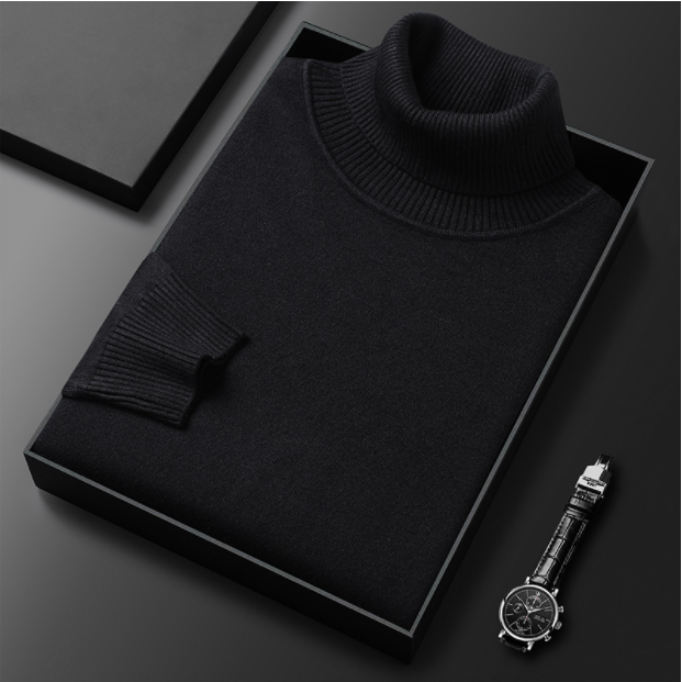 Folded black turtleneck sweater displayed with a watch.