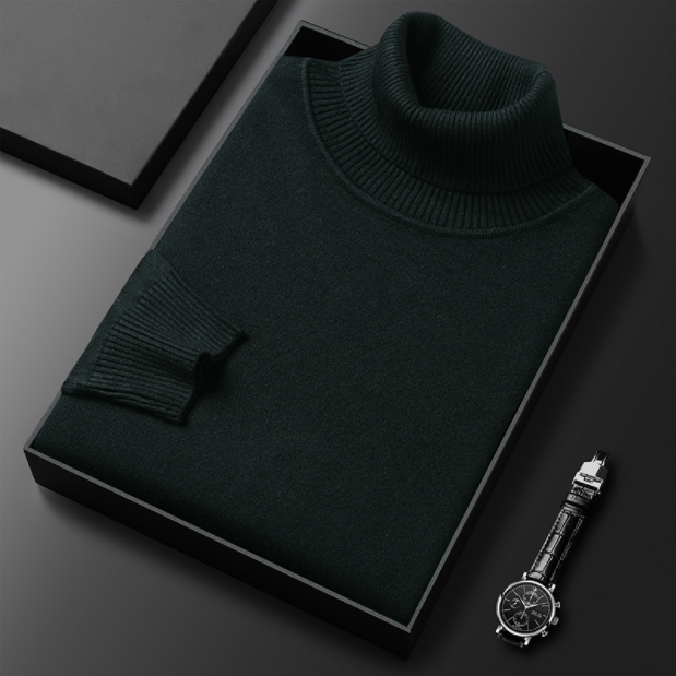 Folded white turtleneck sweater displayed with a watch.