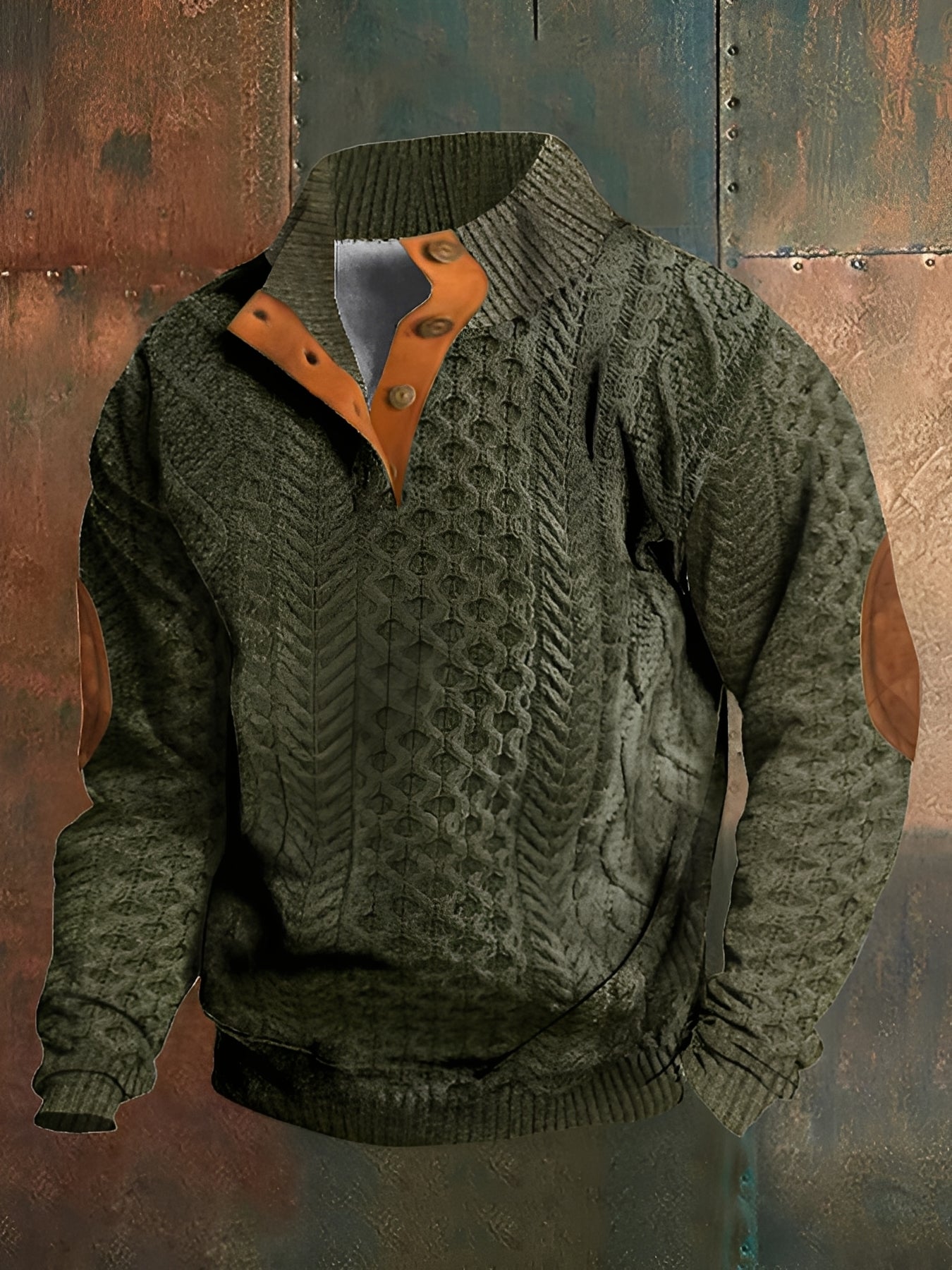Green cable knit sweater with brown leather collar on a textured background