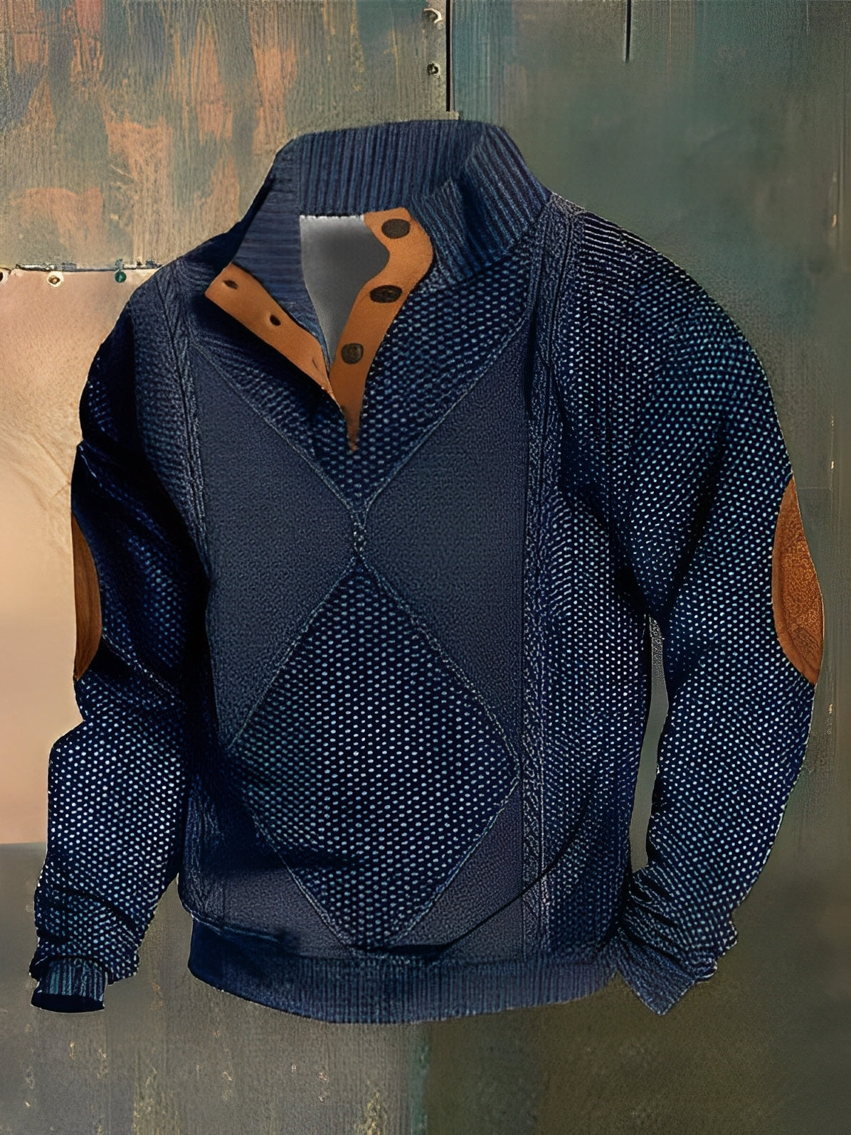 Blue sweater with brown accents on a textured surface