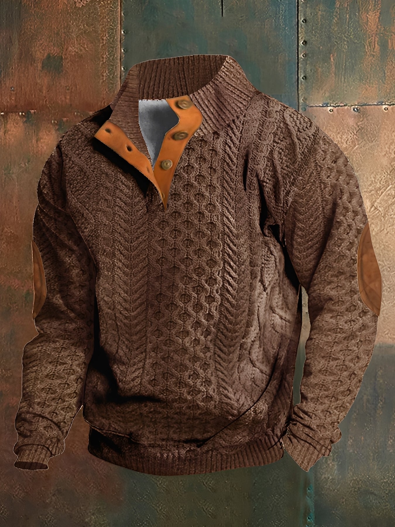Brown knitted sweater with leather collar against a textured background