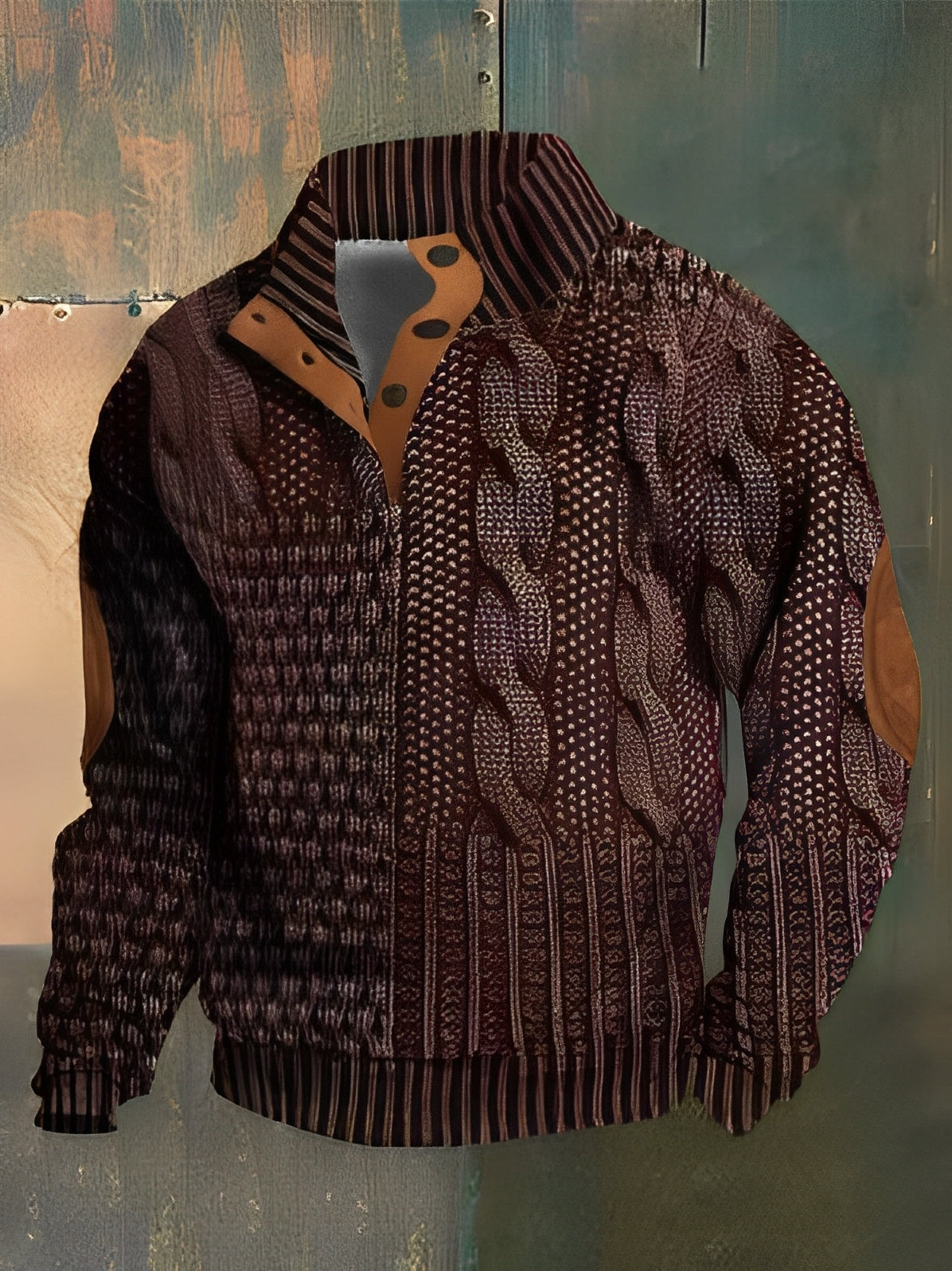 Brown cable knit sweater with leather collar on a textured background