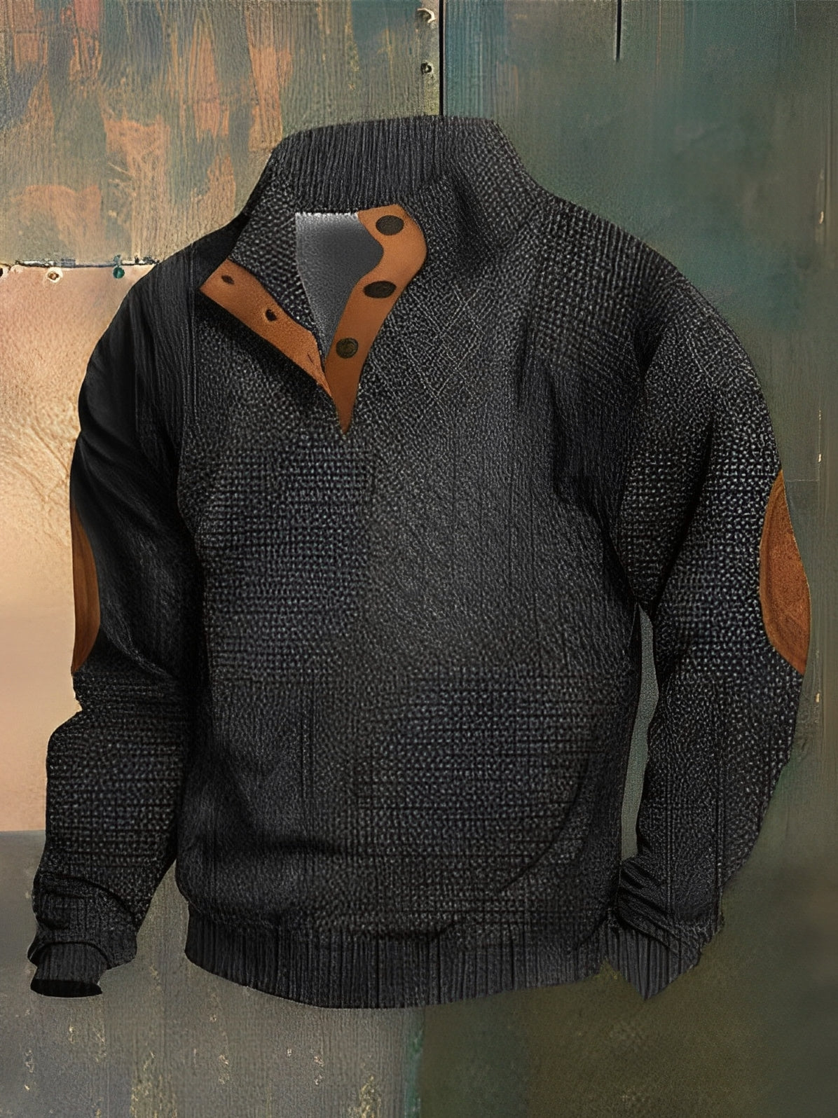 Black sweater with brown leather accents on a textured background