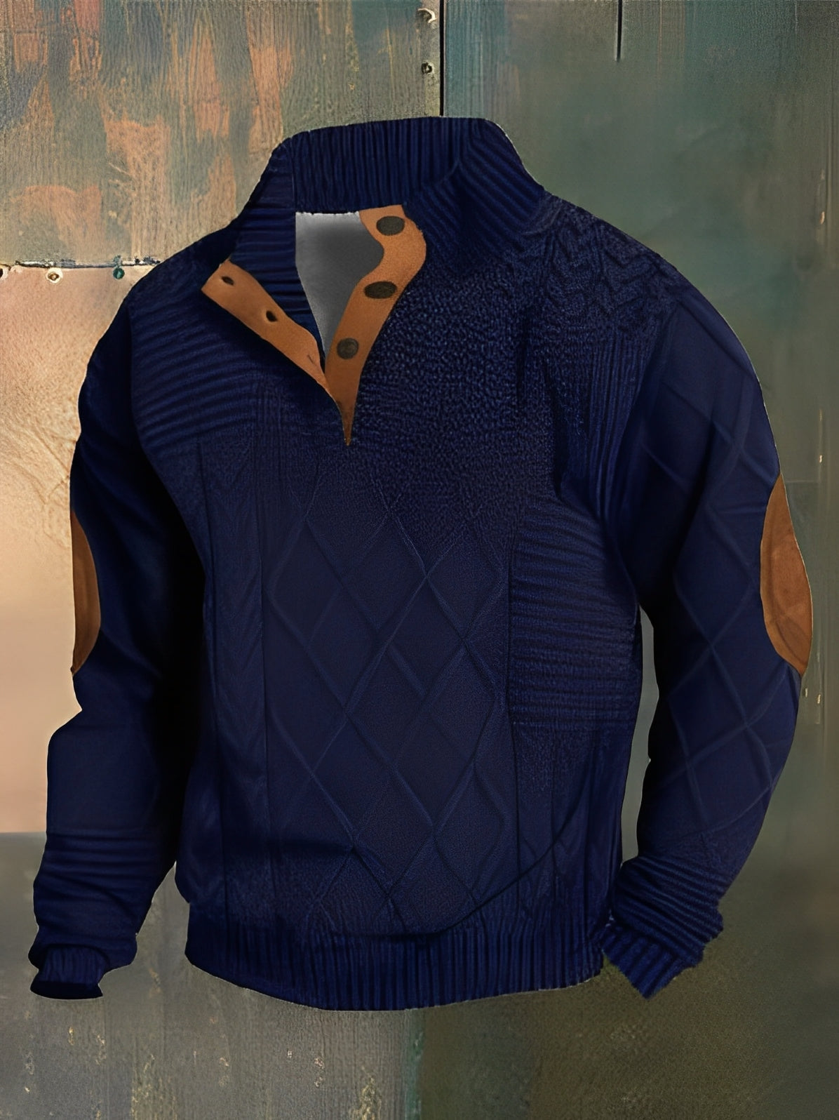 Navy blue sweater with brown accents on a textured background