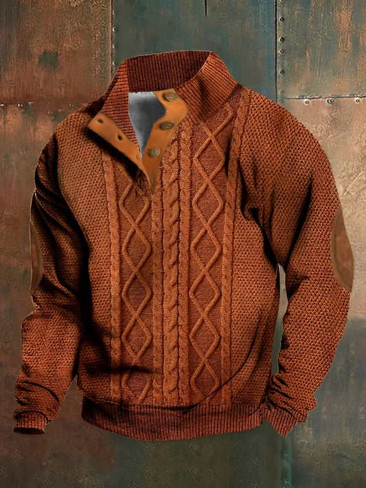 Brown cable knit sweater with leather collar against a textured metal background