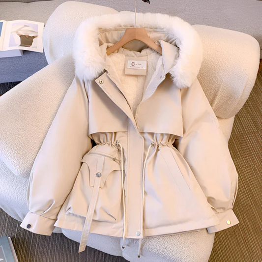 Beige winter jacket with fur hood on a hanger against a neutral background
