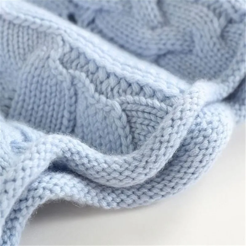 Close-up of a knitted blue fabric on a white background
