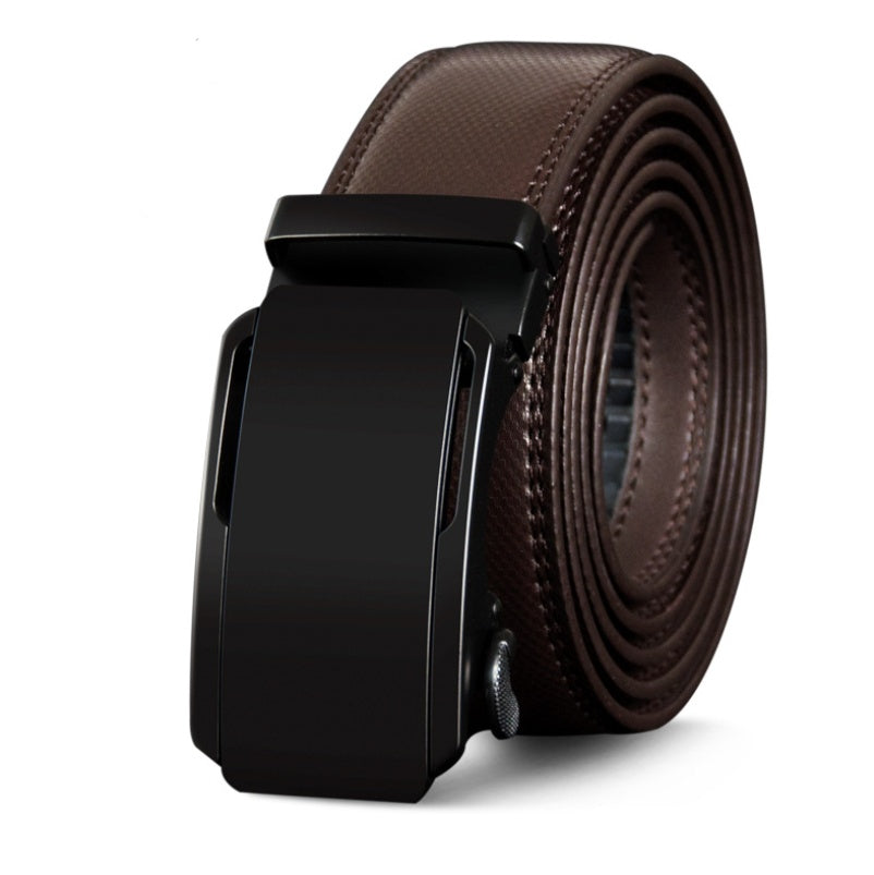 Brown leather belt with a black buckle on a white background