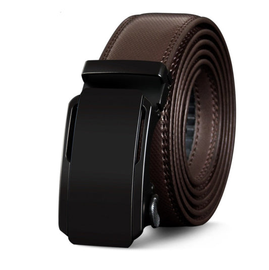 Brown leather belt with a black buckle on a white background