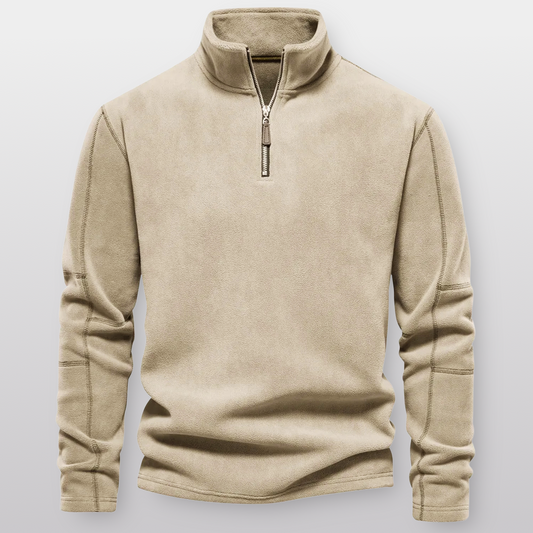 Beige fleece pullover with a zipper on a light gray background