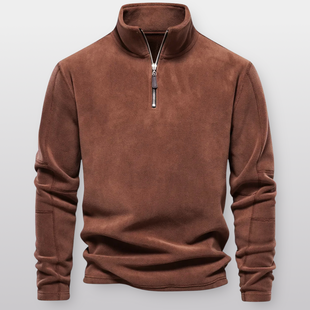 Brown fleece pullover with a zipper on a light gray background