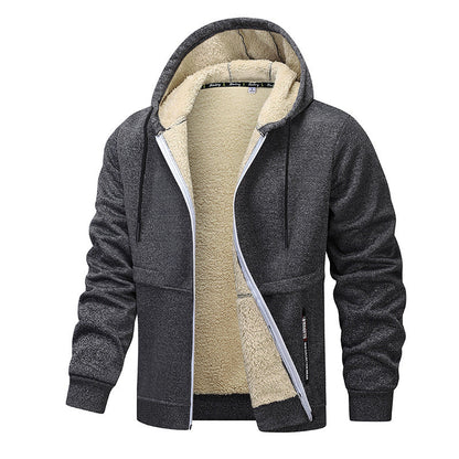 Gray hoodie with beige fleece lining on a white background