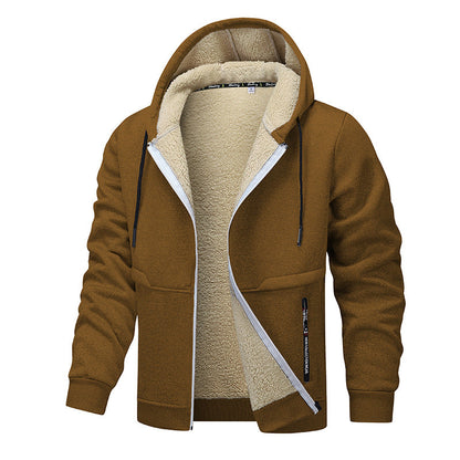Brown hoodie with beige fleece lining on a white background
