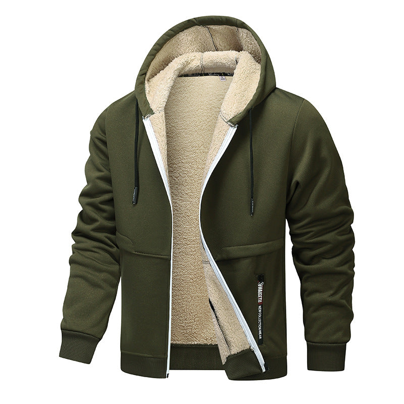 Green hoodie with beige fleece lining on a white background
