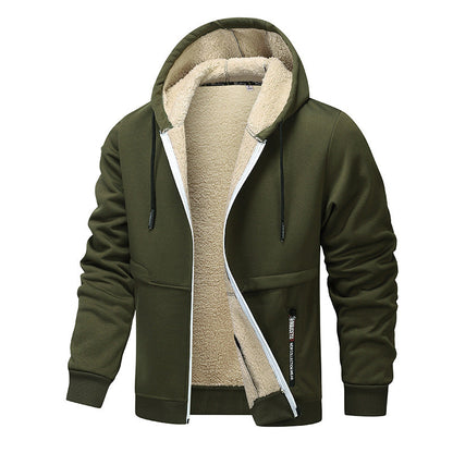 Green hoodie with beige fleece lining on a white background
