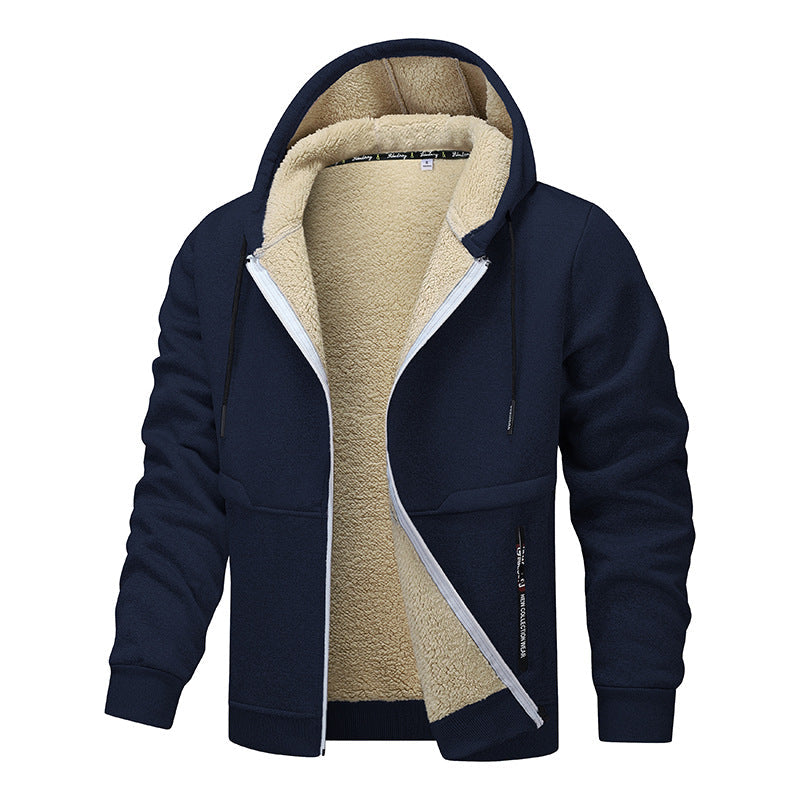 Navy blue hoodie with beige fleece lining on a white background
