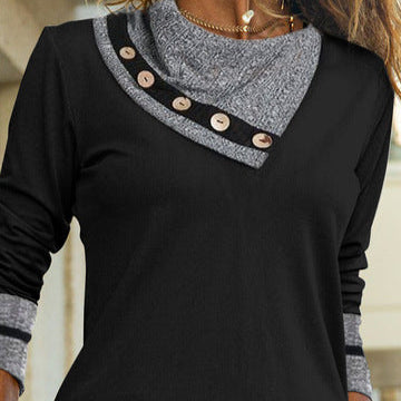 Black long-sleeve top with gray collar and button details